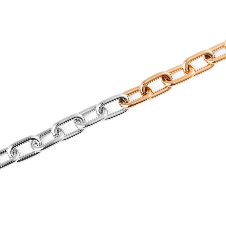 Detail of the Contrast Link Necklace Two Tone Rose Gold, showing the smooth, squared links with a seamless transition from polished silver to rose gold for a striking modern look.