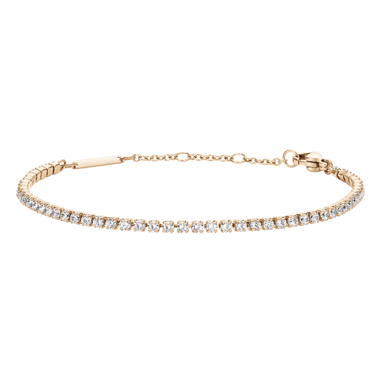 Classic Tennis Bracelet Rose Gold featuring a slim rose gold chain with individually set cubic zirconia stones and an adjustable clasp for a comfortable fit.
