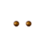 A pair of Daniel Wellington Audrey Earrings featuring domed tiger eye stones set in rose gold, each surrounded by a halo of white cubic zirconia crystals for a refined, elegant look.