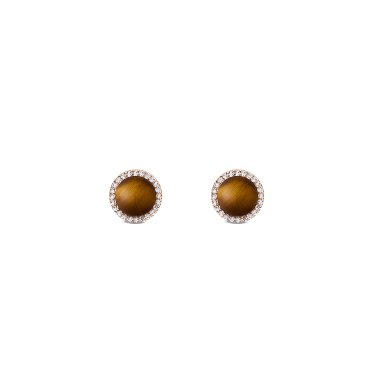 A pair of Daniel Wellington Audrey Earrings featuring domed tiger eye stones set in rose gold, each surrounded by a halo of white cubic zirconia crystals for a refined, elegant look.