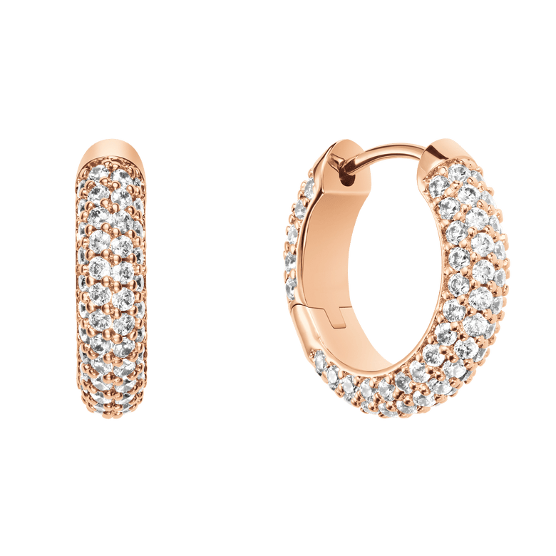 Pair of Pavé Crystal Earrings Rose Gold, featuring petite hoop design with a pavé setting of sparkling cubic zirconia crystals and a smooth rose gold finish.