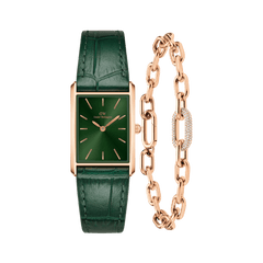 Rectangular emerald sunray dial watch with a crocodile-embossed green leather strap in rose gold, paired with a rose gold crystal link bracelet featuring pavé crystal detailing and adjustable chain links.