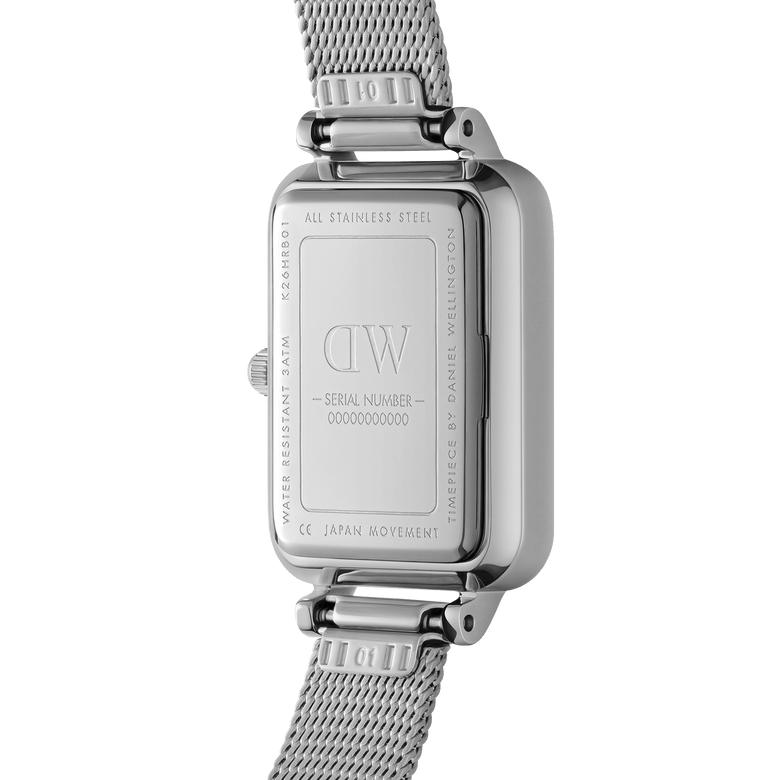 Quadro Roman Numerals Sterling ladies watch showing the back of the rectangular stainless steel case, engraved with water resistance details, Japanese movement, and a silver mesh strap.
