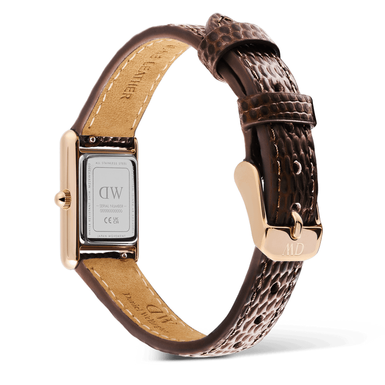 Back view of the Bound Mini Dark Brown Lizard Rose Gold watch highlighting the engraved stainless steel case back, textured brown lizard-grain leather strap, and rose gold pin buckle closure.