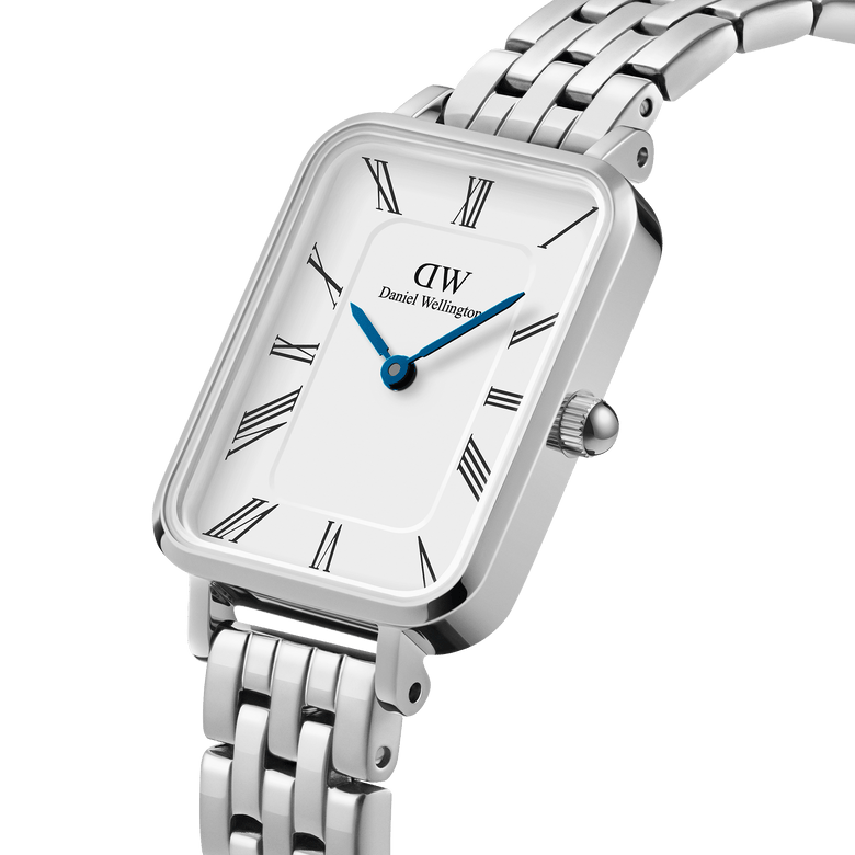 Quadro Roman Numerals 5-Link Silver watch with a rectangular stainless steel case, white dial, black roman numerals, blue hands, and a polished five-link silver bracelet, highlighting its elegant and modern design.