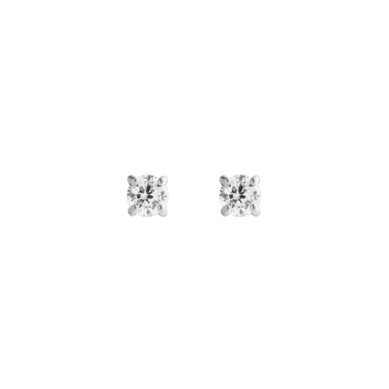 A pair of Mirelle Solitaire Stud Earring Silver featuring petite round white cubic zirconia crystals set in polished silver, showcasing a minimalist and timeless design.