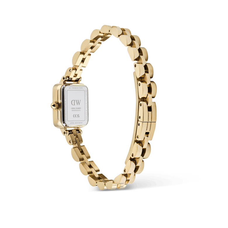 Quadro Mini Arch 3-link Emerald Sunray Gold watch shown from the back, highlighting the stainless steel case, gold bracelet, and butterfly clasp for a secure and comfortable fit.