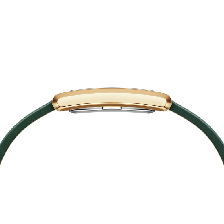 Side profile of the Bound Crocodile Champagne Sunray Gold watch highlighting its slim gold rectangular case and green leather strap, showcasing the elegant and comfortable fit for daily wear.