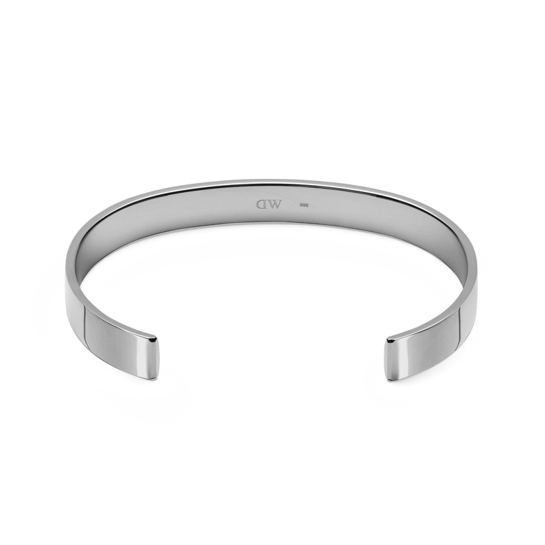 Line Cuff Polished Silver bracelet shown from the inside, highlighting its smooth inner surface, open cuff design, and polished stainless steel finish.
