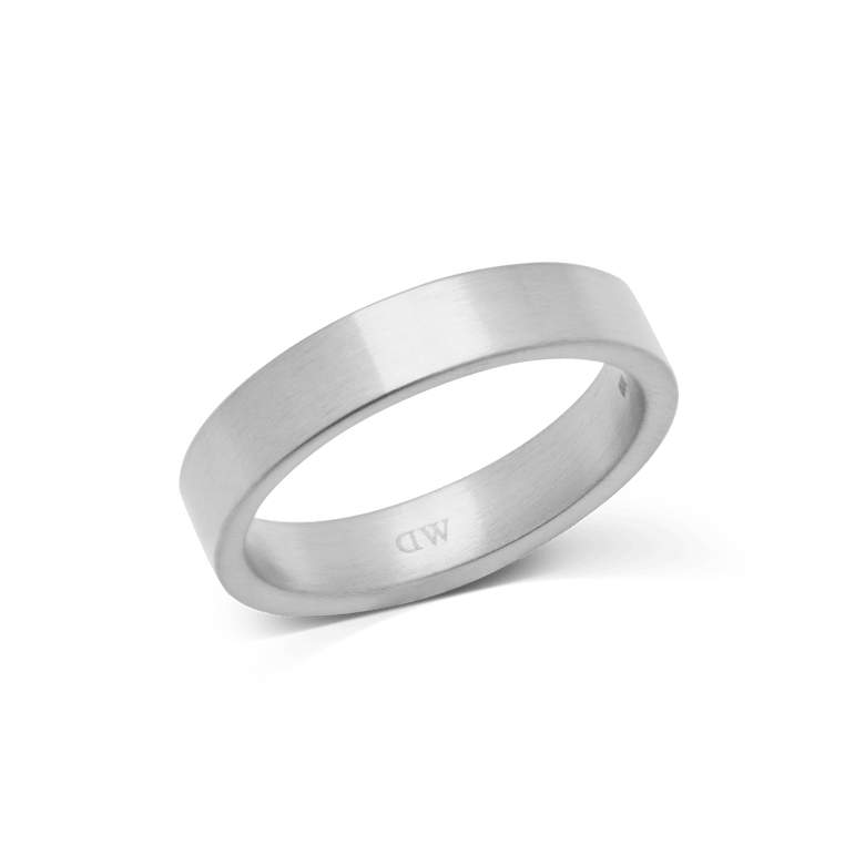 Brushed silver ring with a 4.5mm band, featuring a minimalist design and a softly textured finish, crafted from high quality stainless steel.