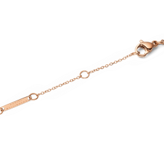 Detail of the Audrey Necklace Jade Rose Gold adjustable chain with a secure lobster clasp and a branded tag, showing the rose gold finish and fine craftsmanship.