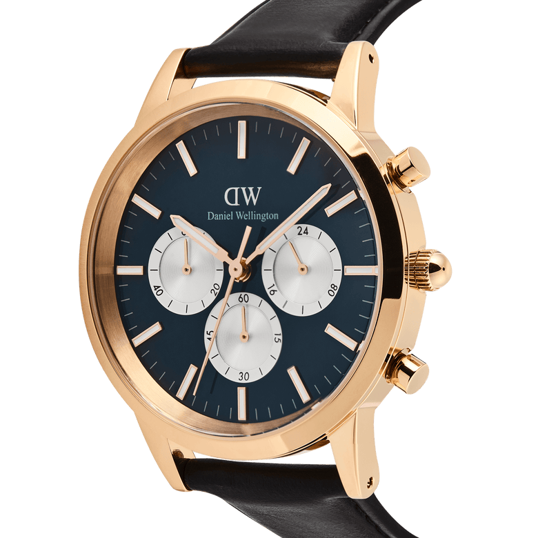 Close-up of the Iconic Chronograph Sheffield Arctic Panda Rose Gold watch, highlighting its deep blue dial, three white sub-dials, rose gold stainless steel case, and black leather strap.