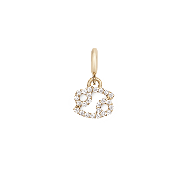 Gold Cancer zodiac watch charm featuring the crab symbol, set with sparkling cubic zirconia crystals in a secure claw setting for versatile use with watches, bracelets, or jewellery stacks.