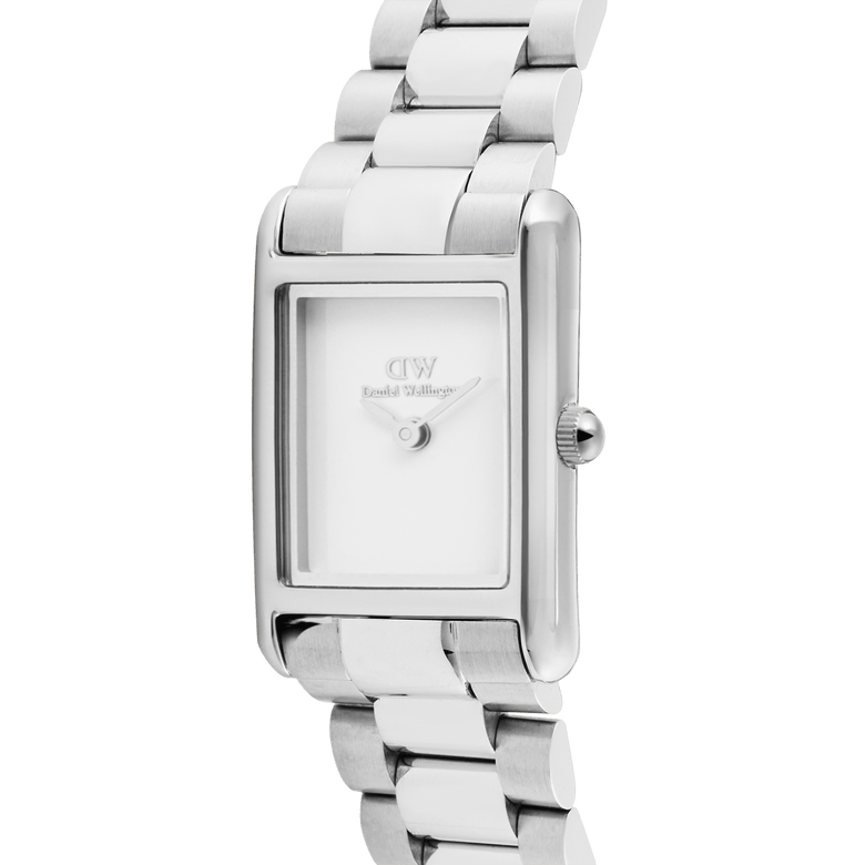 Close-up of the Daniel Wellington Bound Mini 3-Link Silver watch showing its polished rectangular silver case, minimalist white dial, and slim 3-link stainless steel bracelet, highlighting the elegant and modern design.