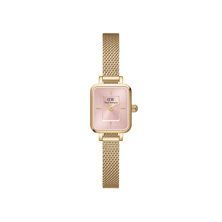 Quadro Mini Evergold Blush gold watch with a slim rectangular case, blush pink sunray dial, and a gold mesh strap, designed for women seeking a refined and contemporary accessory.