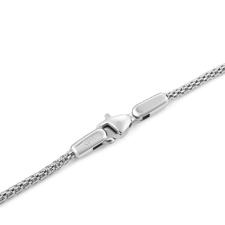 Close-up of the Tide Mesh Bracelet Sterling 1.8 showing the fine silver mesh band and secure lobster clasp, highlighting its minimalist design and adjustable fit.