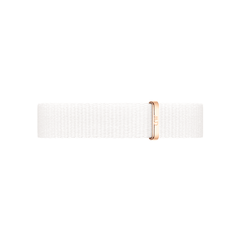 Dover Strap Rose Gold features a crisp white NATO style polyester strap with a rose gold buckle, offering a minimalist and elegant look suitable for a range of watches.