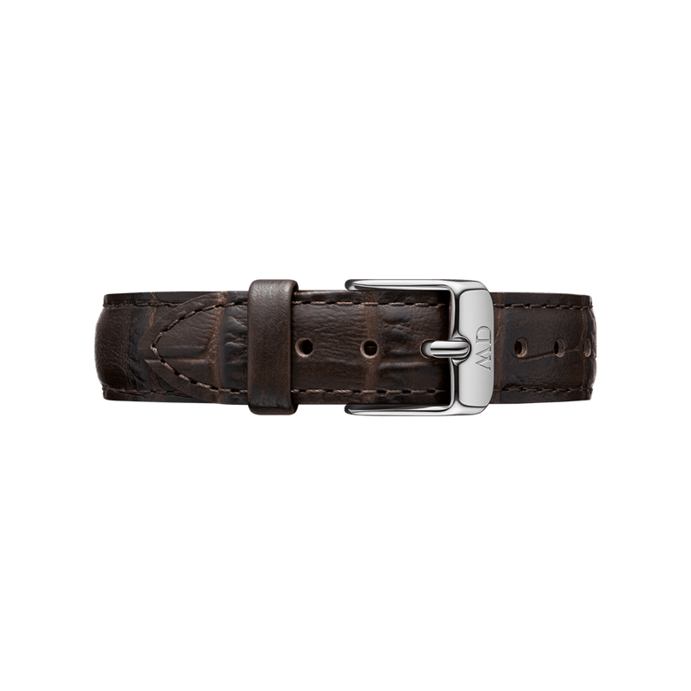 York Strap Silver classic brown leather watch strap with crocodile-embossed texture, polished silver buckle, and visible stitching, shown laid flat to highlight its elegant and versatile design.
