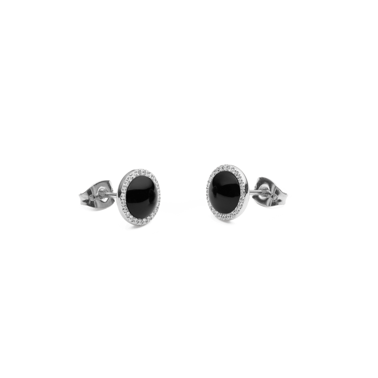 Audrey Earrings Black Agathe Silver shown from a side angle, highlighting the domed black agate centre, sparkling cubic zirconia halo, and secure butterfly clasp in polished silver.