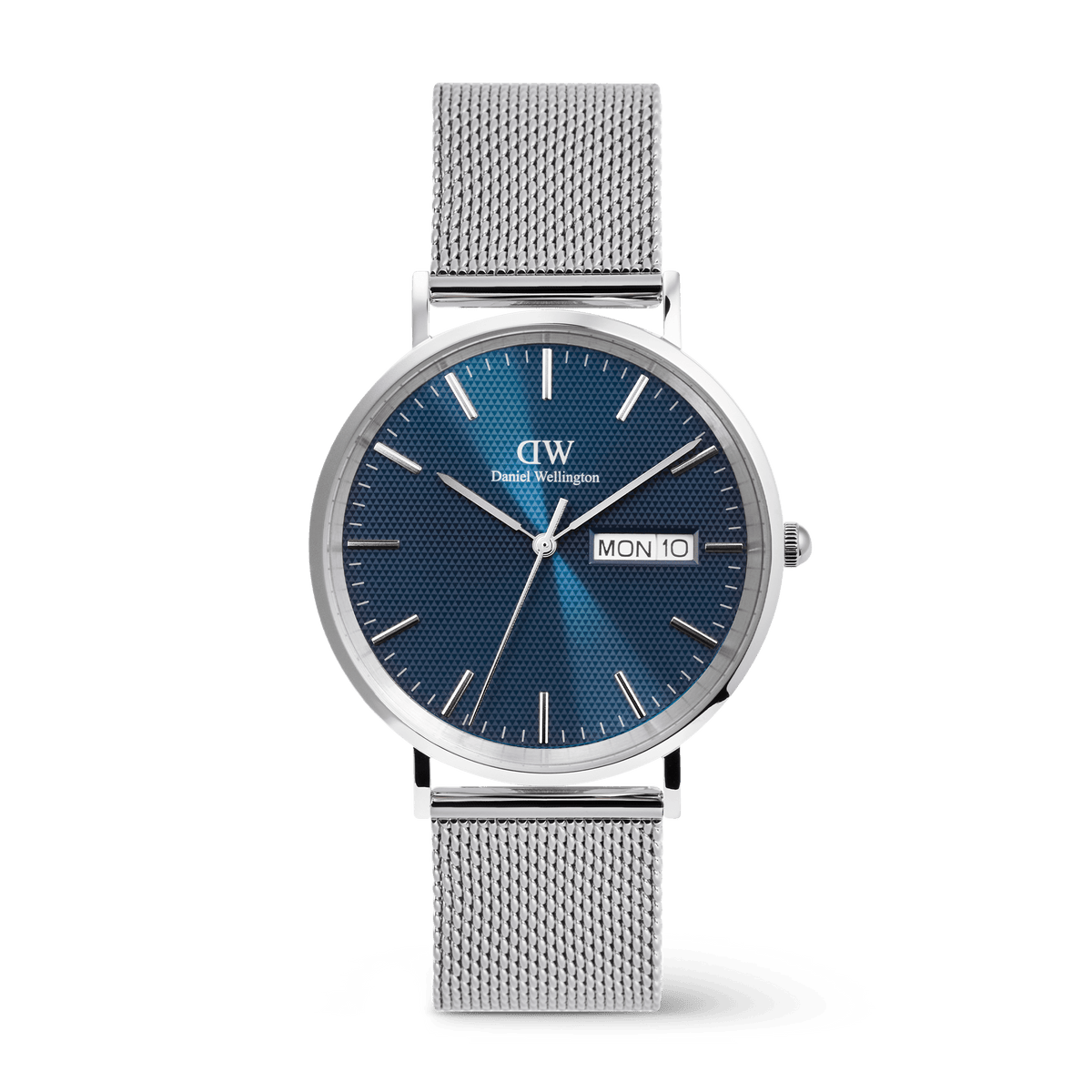 Classic Day Display Sterling Arctic men's watch featuring a blue dial with a semi-transparent triangle pattern, day and date window, and a stainless steel mesh strap with a safety buckle.
