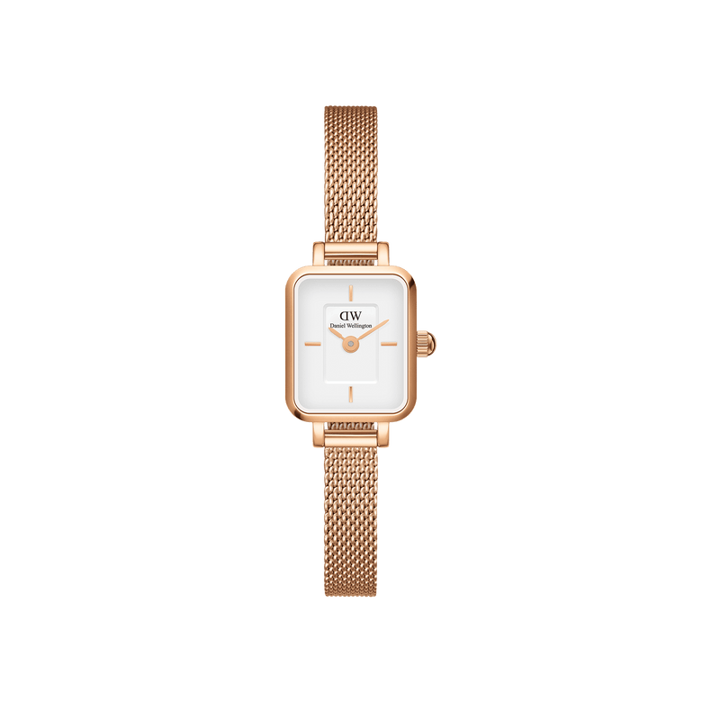 Quadro Mini Melrose watch featuring a petite rectangular white dial and slim rose gold mesh strap, designed for women who prefer a minimalist and elegant accessory for daily wear.