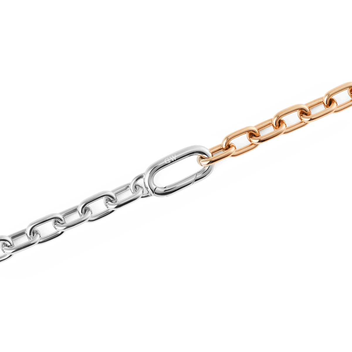 Close-up of the Contrast Link Necklace Two Tone Rose Gold, highlighting its polished architectural links in a seamless half silver and half rose gold design with a smooth, squared silhouette.