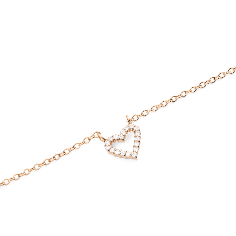 Close-up of the Mirelle Heart Necklace Rose Gold, showing a delicate open heart pendant set with sparkling cubic zirconia stones on a fine rose gold chain.