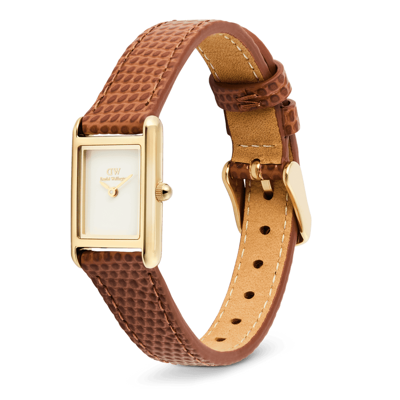 Bound Mini Light Brown Lizard Gold watch with a petite rectangular gold case, crisp white dial, and adjustable light brown lizard-embossed genuine leather strap, shown at an angle to highlight its elegant design and secure pin buckle.