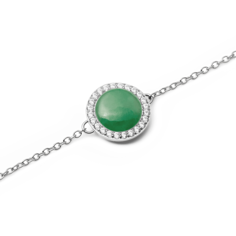 Close-up of the Audrey Bracelet Jade Silver, highlighting the domed green jade centrepiece surrounded by a halo of sparkling white cubic zirconia on a slim silver chain.