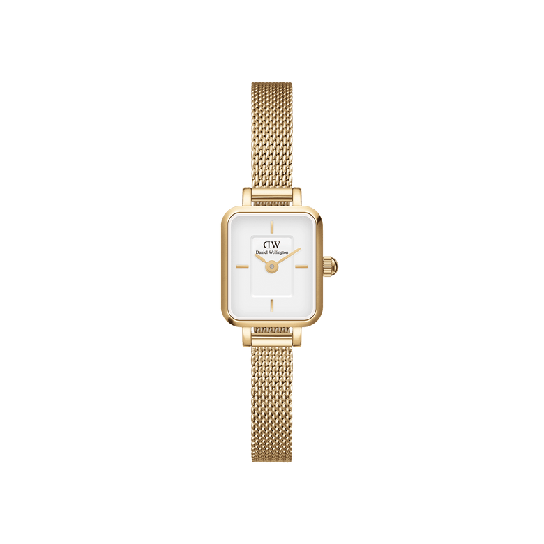 Quadro Mini Evergold gold watch for women featuring a petite rectangular case, white dial, and slim gold mesh strap, designed for everyday comfort and minimalist style.