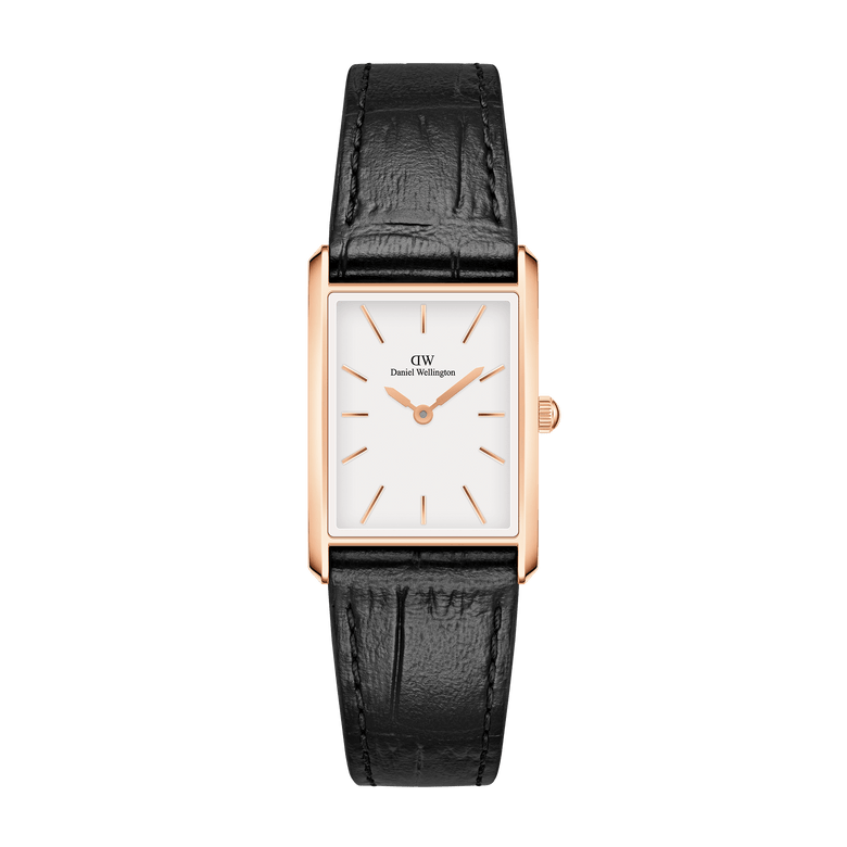 Rectangular rose gold watch with a minimalist white dial and black crocodile-embossed leather strap, featuring slim rose gold hour markers and a secure pin buckle.
