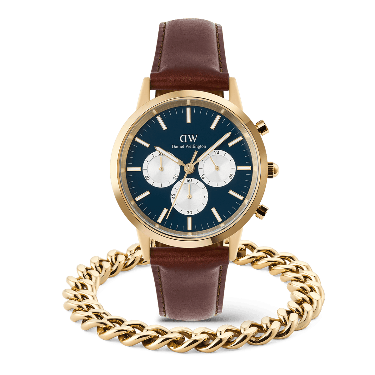 Iconic Chronograph Panda watch by Daniel Wellington with a blue dial, gold case, and brown leather strap, paired with an Ellipse Cuban Chain Bracelet in polished gold.