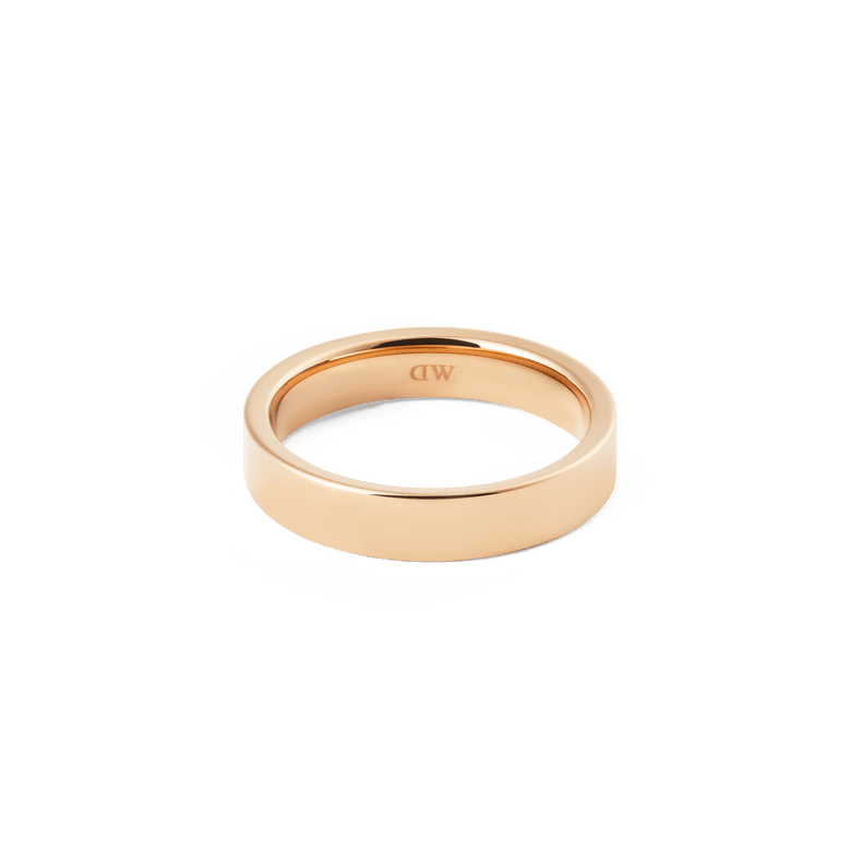 Minimalist Line Ring Polished Rose Gold 4.5mm with a sleek, flat band and a polished rose gold finish, featuring a subtle engraved logo on the inside.