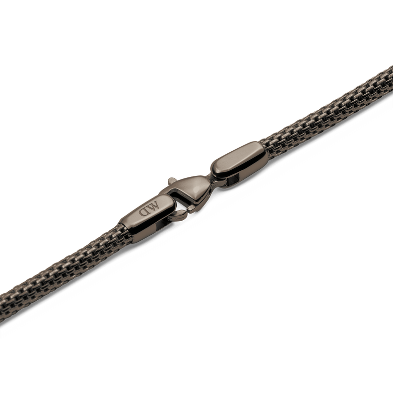 Detail of the Tide Mesh Necklace Graphite 2.8 showing the graphite stainless steel mesh chain and secure lobster clasp with a polished finish.
