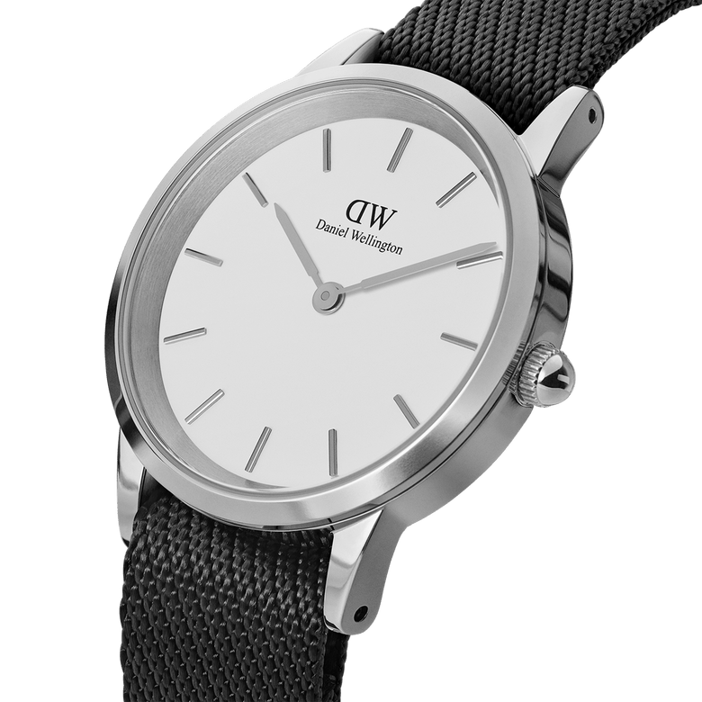 The Iconic Black NATO White Dial watch features a sleek silver case, minimalist white dial, and textured black NATO strap, highlighting its modern yet timeless design.