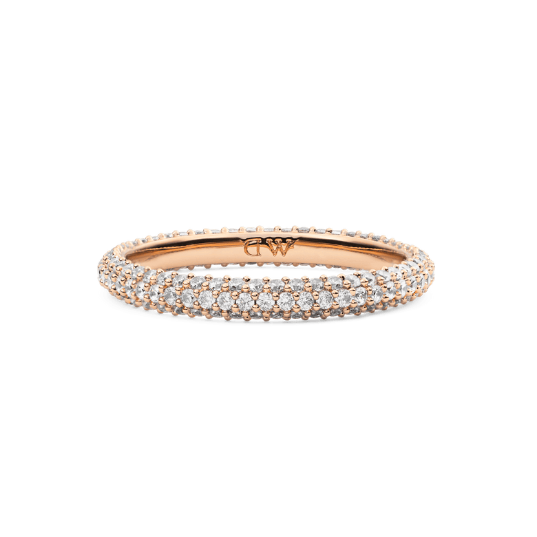 Pavé Ring Rose Gold 3 mm with a slim rose gold band, featuring three rows of finely set white cubic zirconia crystals for a subtle, elegant sparkle.