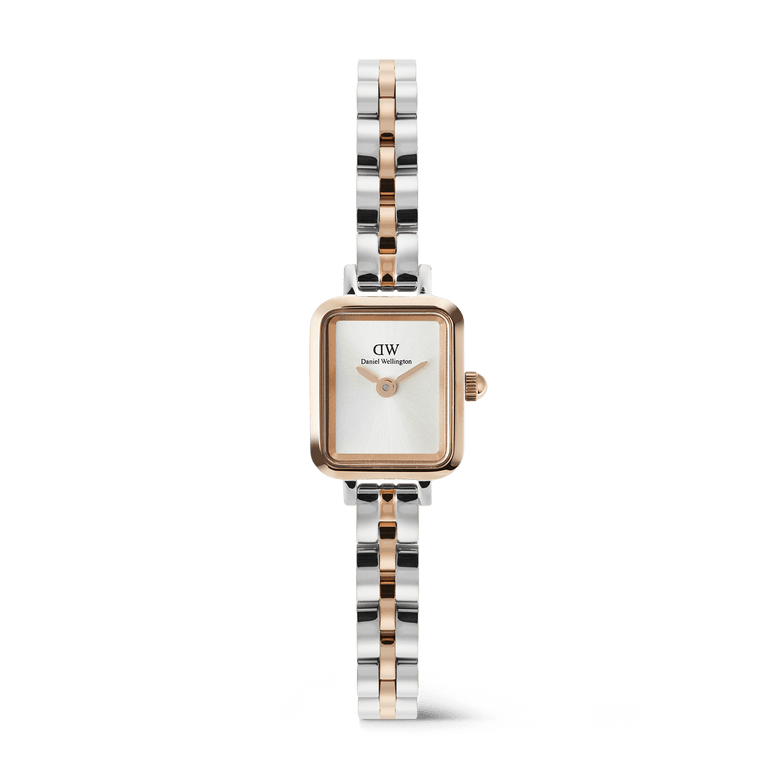 Quadro Mini Arch 3-Link Two Tone Rose Gold ladies watch with a petite rectangular case, minimalist white dial, and a slim silver and rose gold bracelet, designed for everyday elegance and versatility.