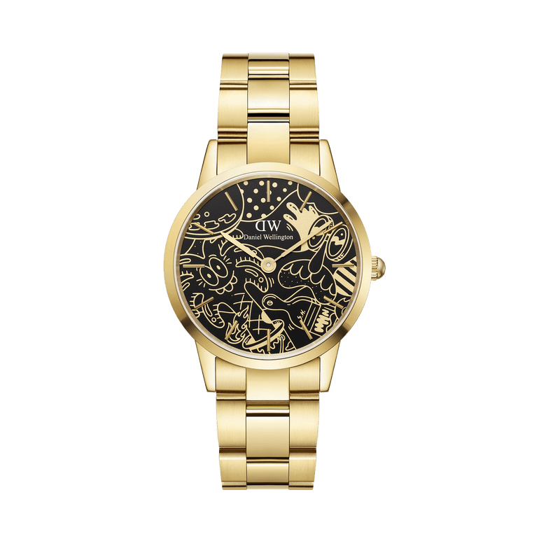Gold Daniel Wellington Iconic Link watch with a black dial featuring Steven Harrington’s gold illustrations, paired with a polished gold stainless steel bracelet and secure clasp.
