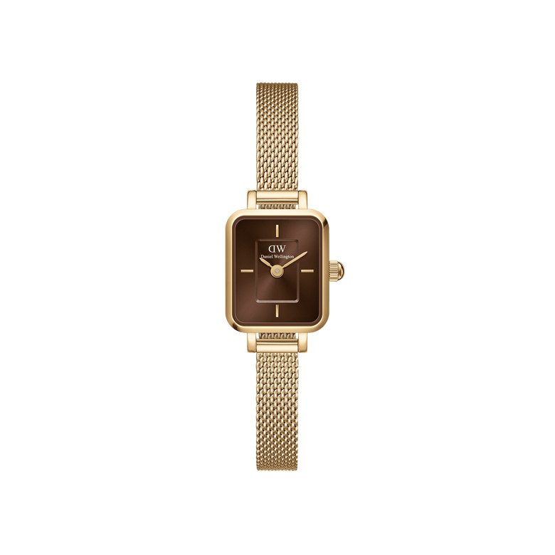 Quadro Mini Evergold Amber features a petite rectangular amber sunray dial and a slim gold mesh strap, blending minimalist design with a jewellery-inspired look suitable for women seeking understated elegance.