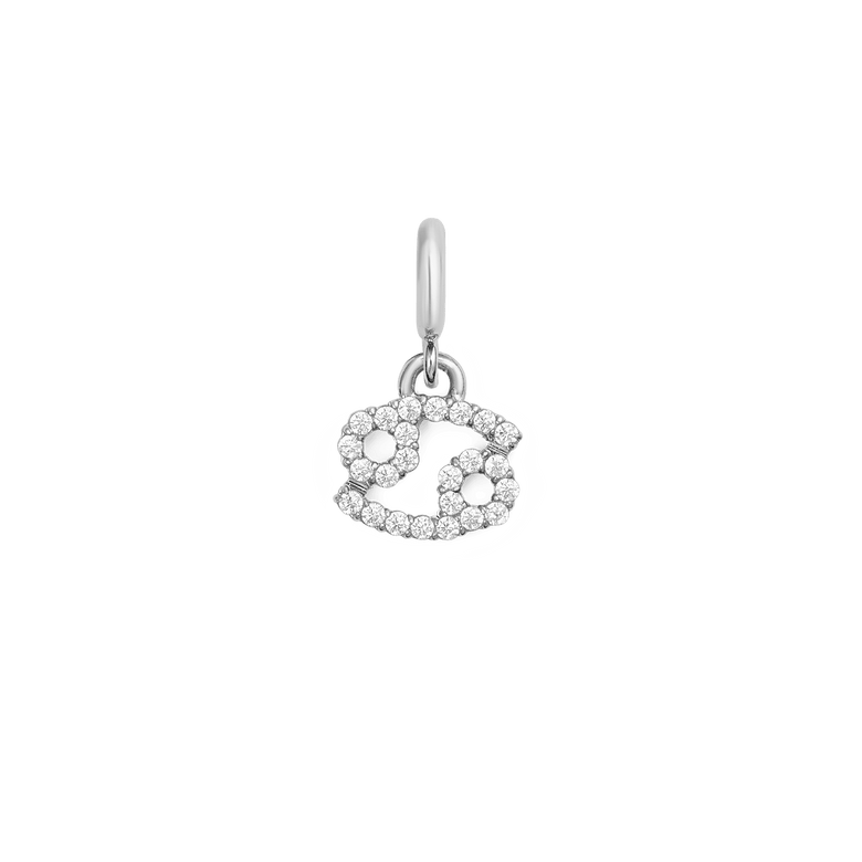 Cancer zodiac watch charm in polished silver, featuring a delicate astrological symbol embellished with cubic zirconia crystals, crafted for Daniel Wellington watches or bracelets.
