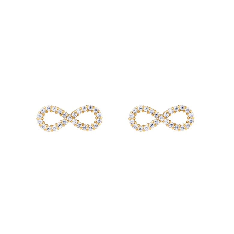 A pair of Mirelle Infinity Earring Gold studs featuring an elegant infinity shape, crafted in gold-plated stainless steel and set with petite white cubic zirconia crystals for a subtle, refined sparkle.