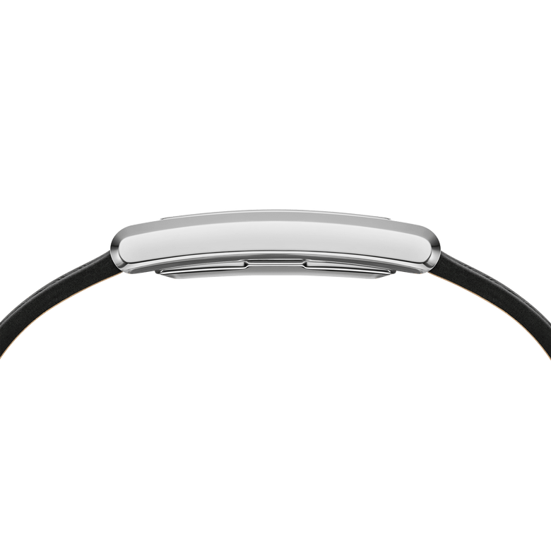 Side profile of the Bound Black Crocodile Silver watch highlighting its slim rectangular stainless steel case and black leather strap, designed for comfortable everyday wear.