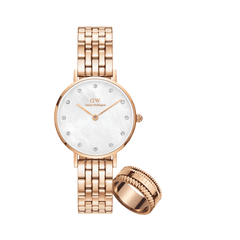 Rose gold ladies watch with a 5-link bracelet, white mother of pearl dial, crystal hour markers, and matching rose gold Elevation Ring with textured edge, styled together for a refined jewellery set.
