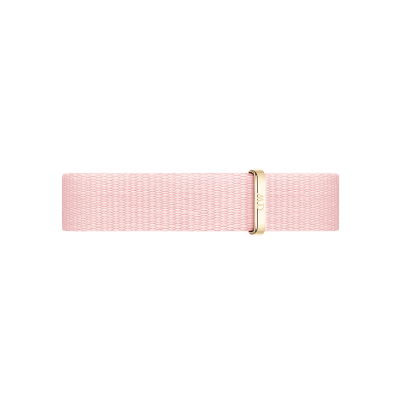 Rosewater Strap Gold displays a pastel pink NATO watch strap crafted from recycled polyester, featuring a gold buckle and minimalist styling for Daniel Wellington watches.