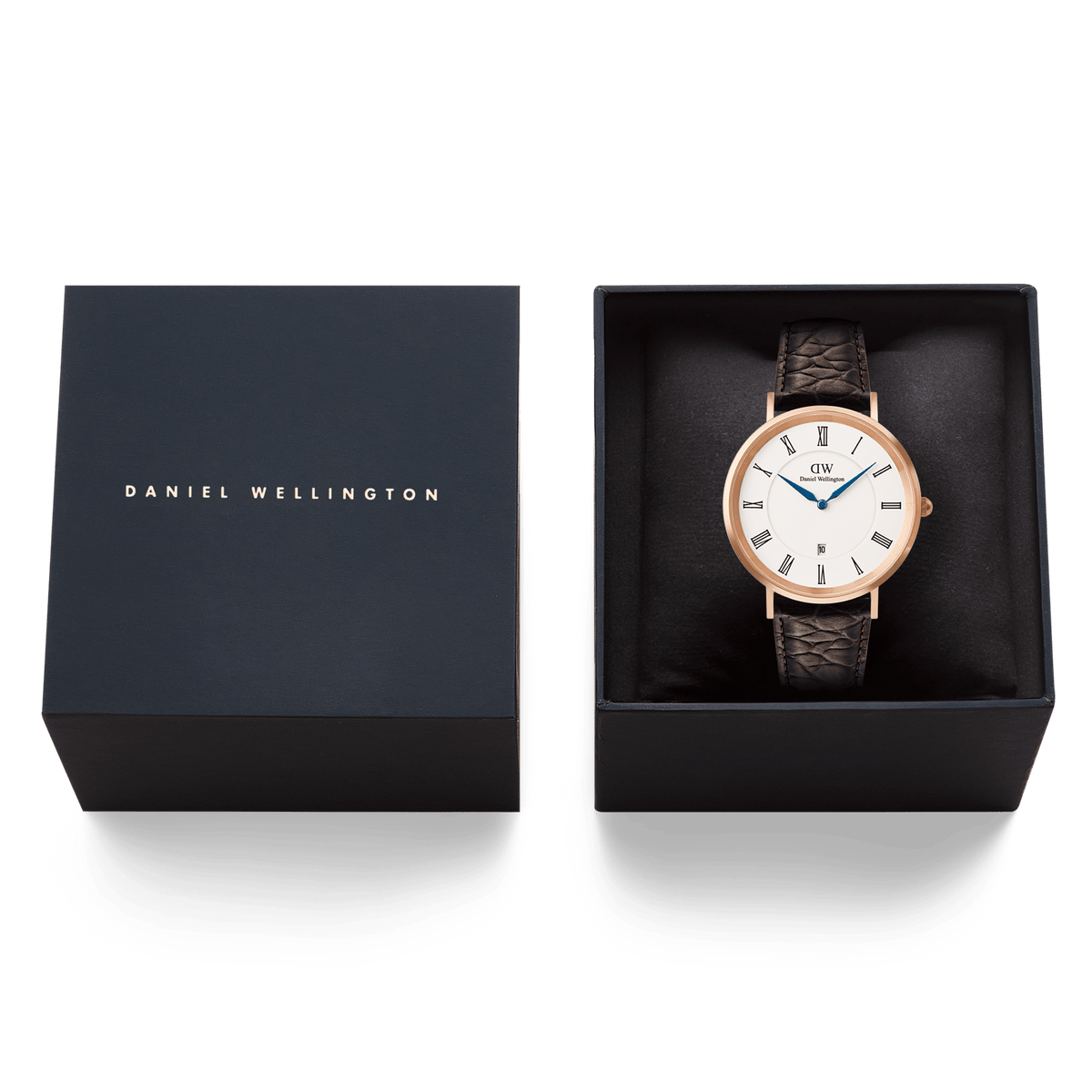 Classic Roman Numerals Date Dark Brown Croc Belly Rose Gold