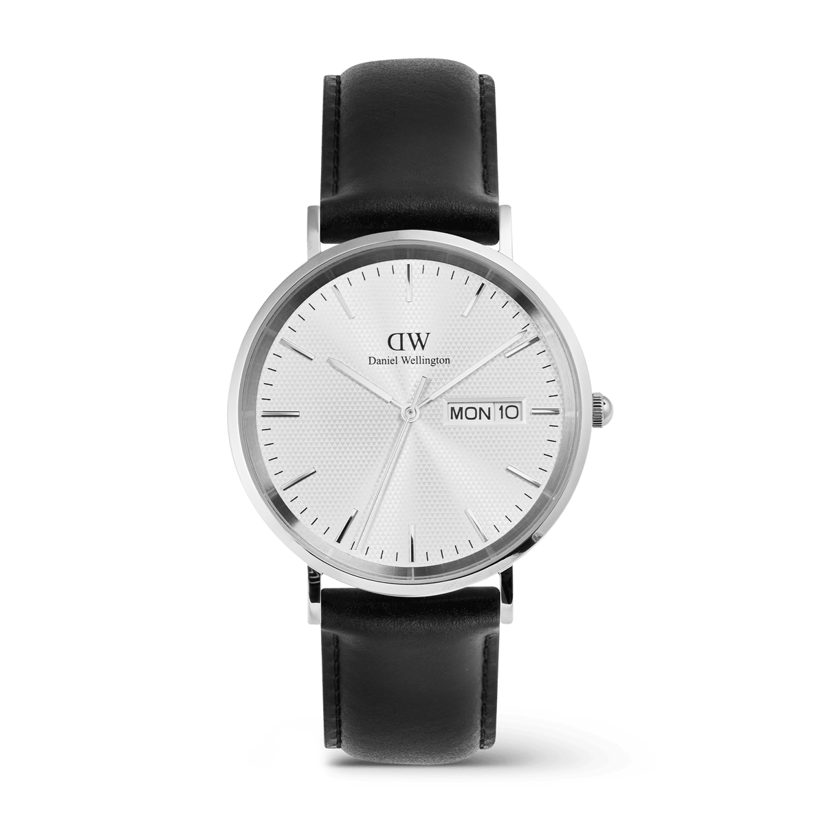 Classic men's watch with a 40mm silver stainless steel case, white textured dial featuring day and date display, and a black genuine leather strap with a slim, minimalist design.
