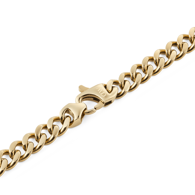 Detail of the Ellipse Cuban Chain Necklace Gold showing the polished gold-plated Cuban links and the robust lobster clasp for secure fastening.