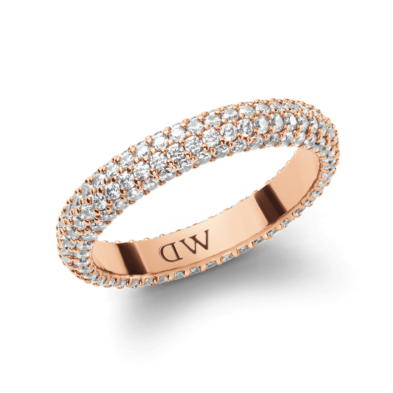 Rose gold Pavé Crystal Ring featuring rows of sparkling cubic zirconia crystals in a claw setting, with a smooth and polished band designed for comfortable everyday wear.