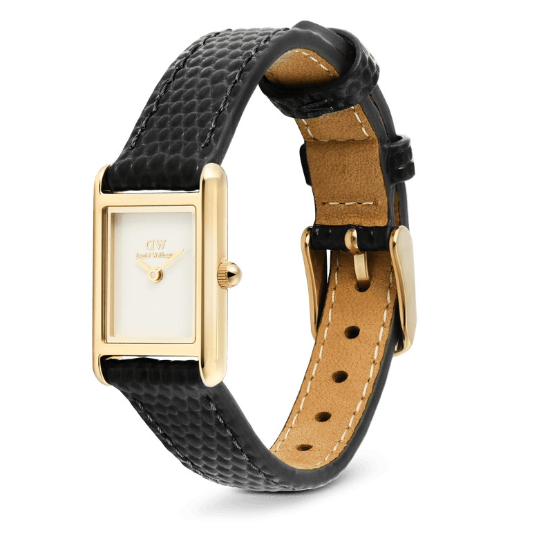 Bound Mini Black Lizard Gold women’s watch with a slim rectangular gold case, minimalist white dial, and a black lizard-texture leather strap featuring a gold pin buckle and adjustable fit.