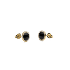 Audrey Earrings Black Agathe Gold shown from a side angle, highlighting the domed black agate centre, gold-plated setting, and sparkling cubic zirconia halo with secure stud backings.